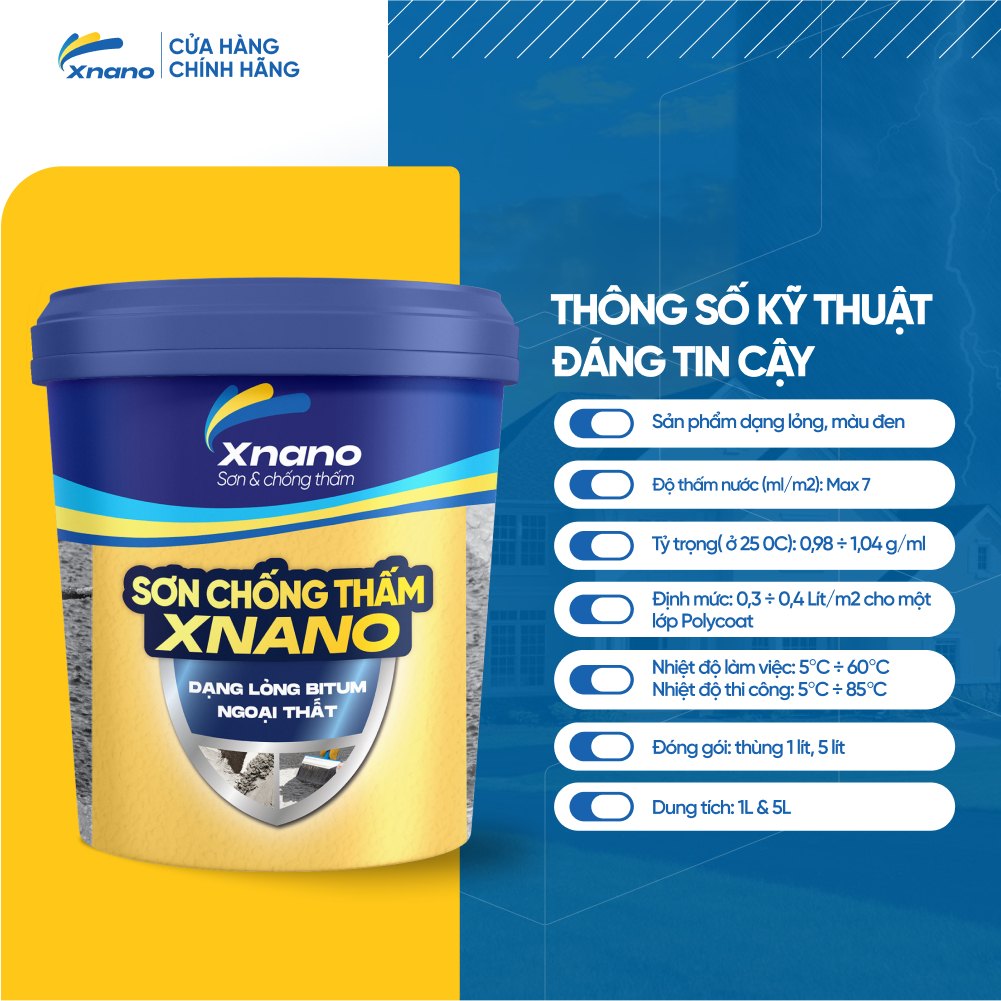 Sơn Chống Thấm XNANO Bitum Dạng Lỏng Ngoại Thất 1L / 5L – Siêu Bám Dính, Ngăn Nước Tuyệt Đối – Tặng Chổi Quét | Bảo Hành