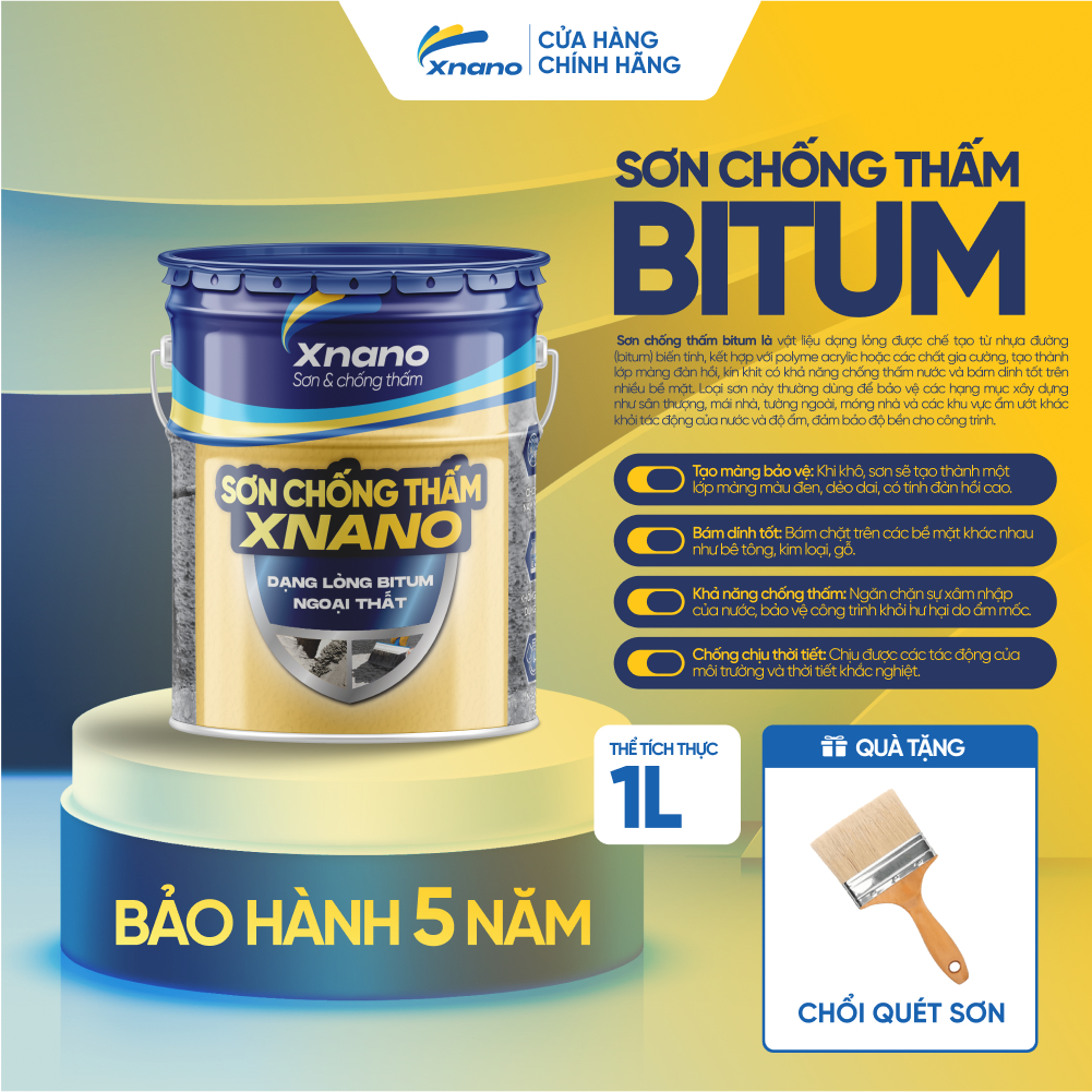 Sơn Chống Thấm XNANO Bitum Dạng Lỏng Ngoại Thất 1L / 5L – Siêu Bám Dính, Ngăn Nước Tuyệt Đối – Tặng Chổi Quét | Bảo Hành