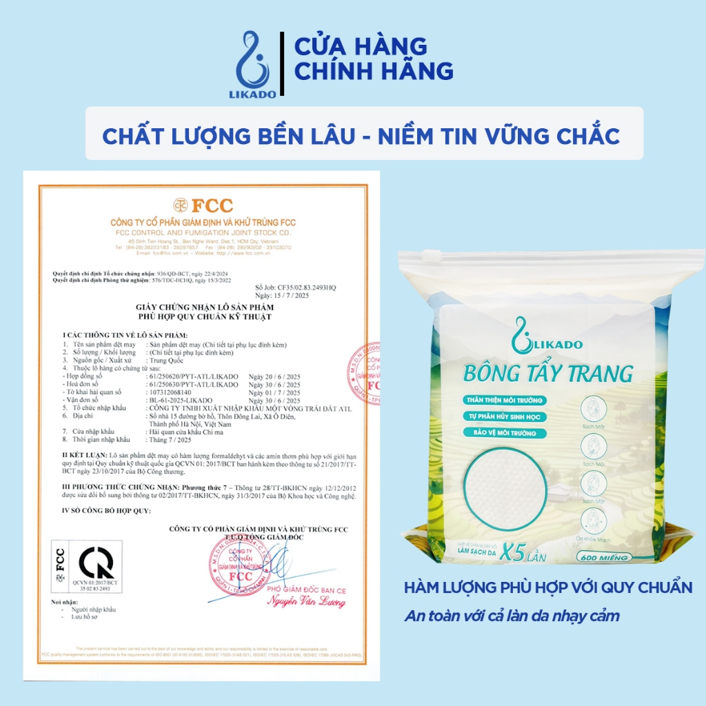 Bông tẩy trang Likado túi 600 miếng kích thước 6cmx5cm