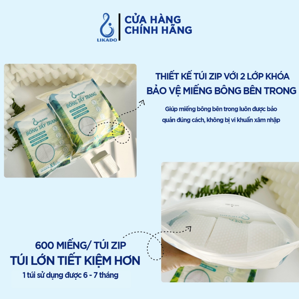 Bông tẩy trang Likado túi 600 miếng kích thước 6cmx5cm