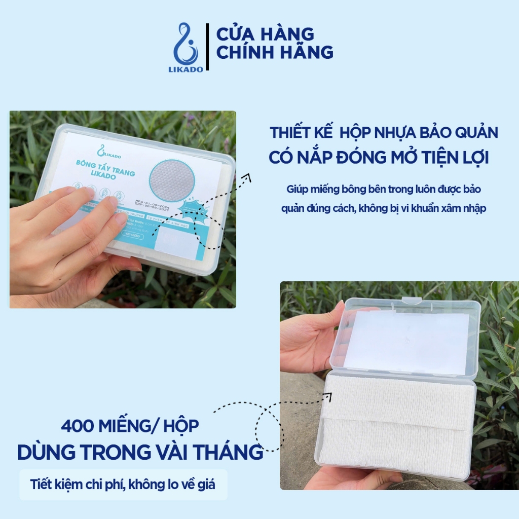 Bông tẩy trang Likado hộp 400/600 miếng kích thước (6cmx5cm)