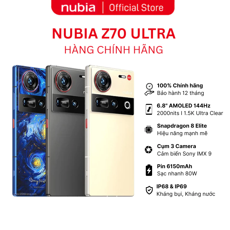 Điện Nubia Z70 Ultra I Chip Snapdragon 8 Elite I Màn AMOLED 144Hz I Camera cảm biến Sony I IP69 I Pi