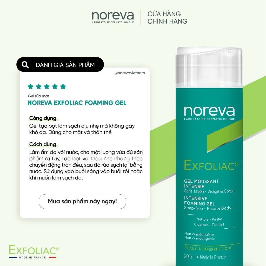[MALL] Gel rửa mặt Noreva Exfoliac Intensive Foaming cho da dầu mụn sạch sâu, dưỡng ẩm,sáng da 200ml