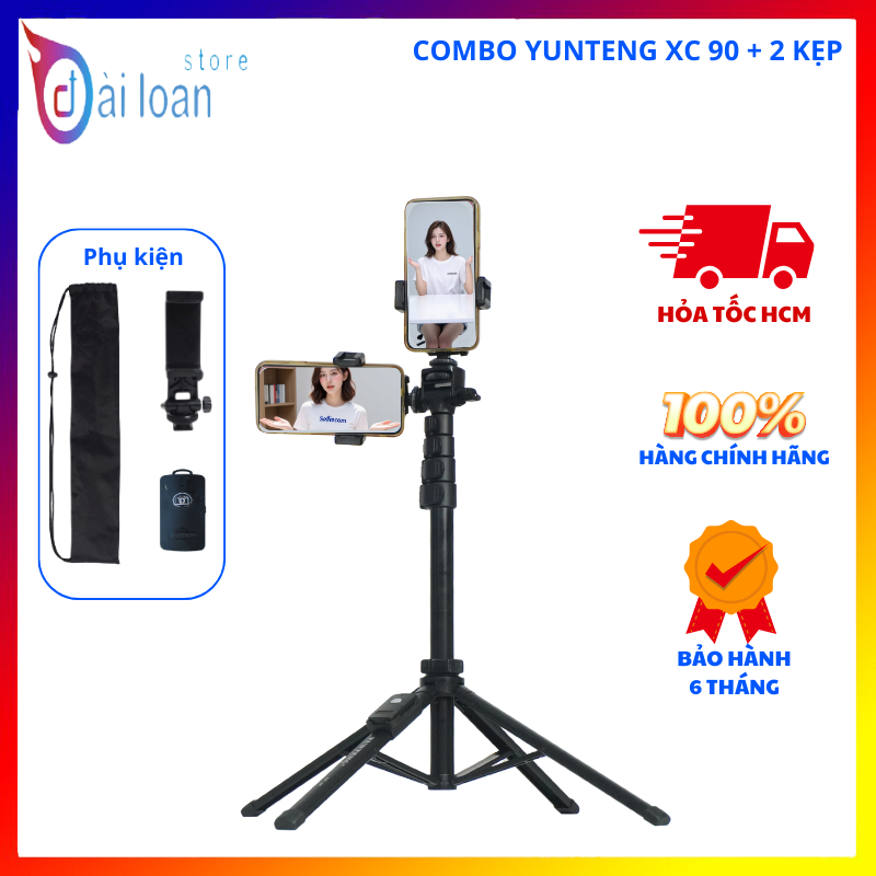 Gậy Selfie Cầm Tay Yunteng XC-90 Bản 2 Kẹp, Tripod 4 Chân Quay Chụp Livestream 2 Điện Thoại