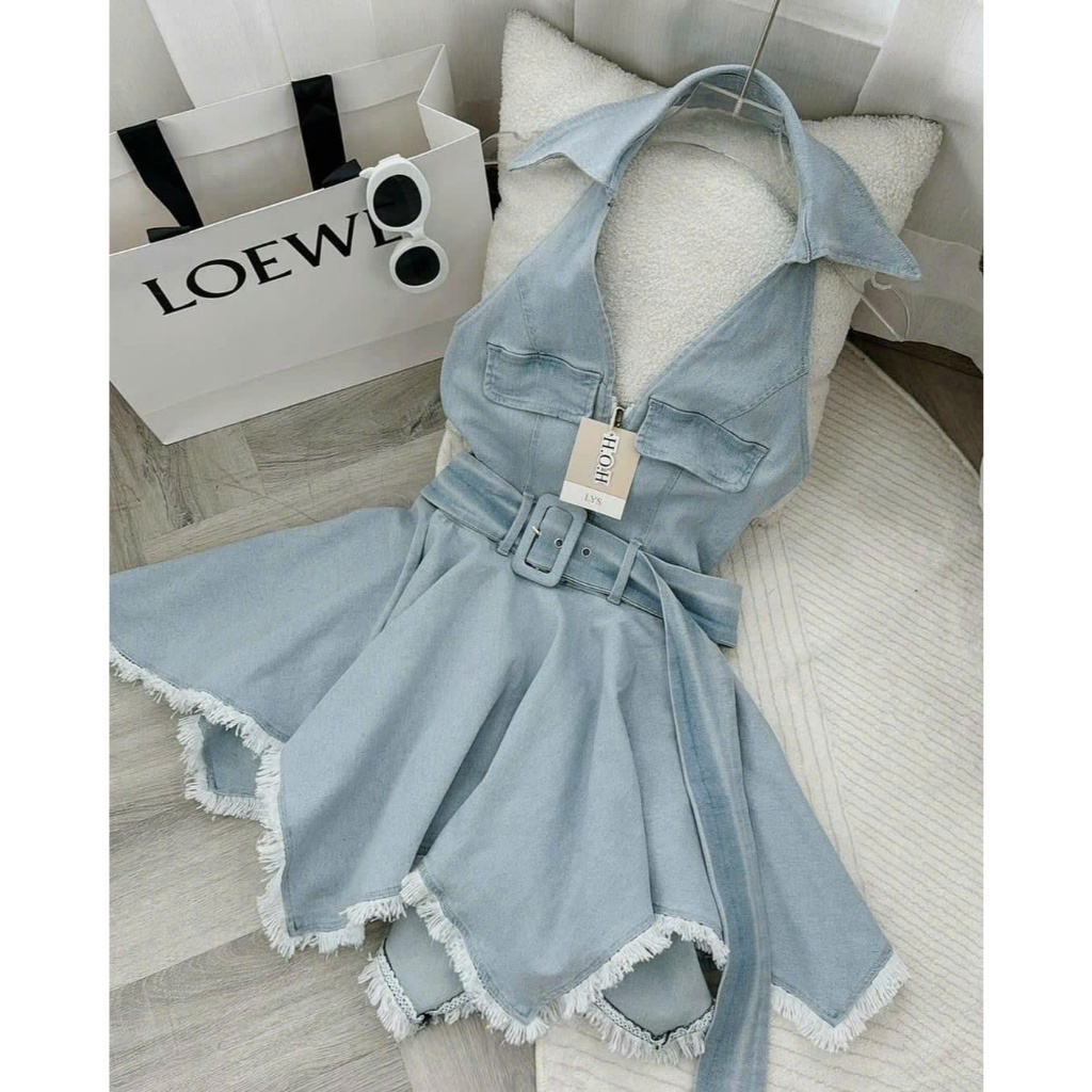 Đầm yếm jean xoè bé gái cổ bẻ phối thắt lưng dễ thương cho mẹ và bé gái 15-55kg , váy đầm yếm jean bé gái,váy jean bé