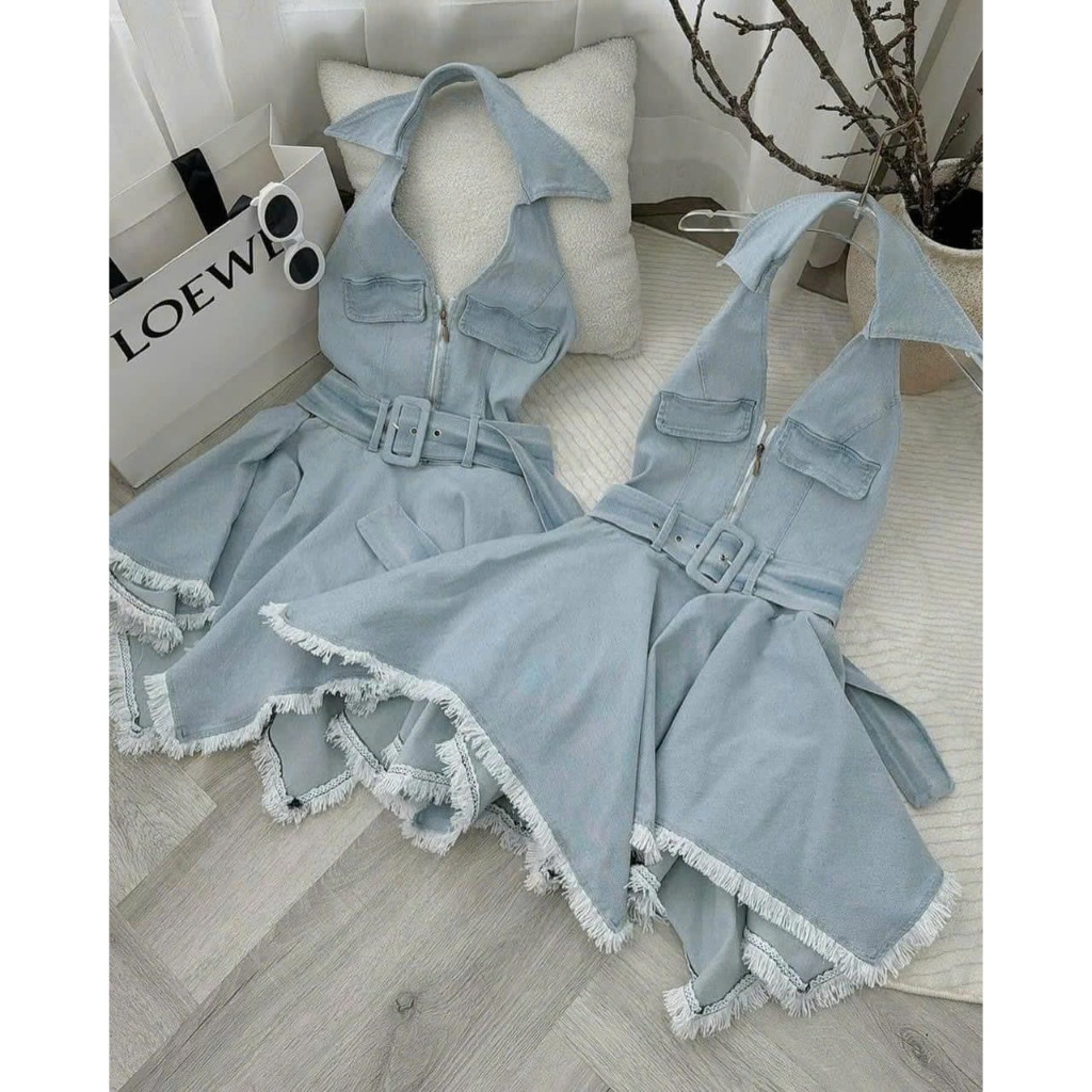 Đầm yếm jean xoè bé gái cổ bẻ phối thắt lưng dễ thương cho mẹ và bé gái 15-55kg , váy đầm yếm jean bé gái,váy jean bé