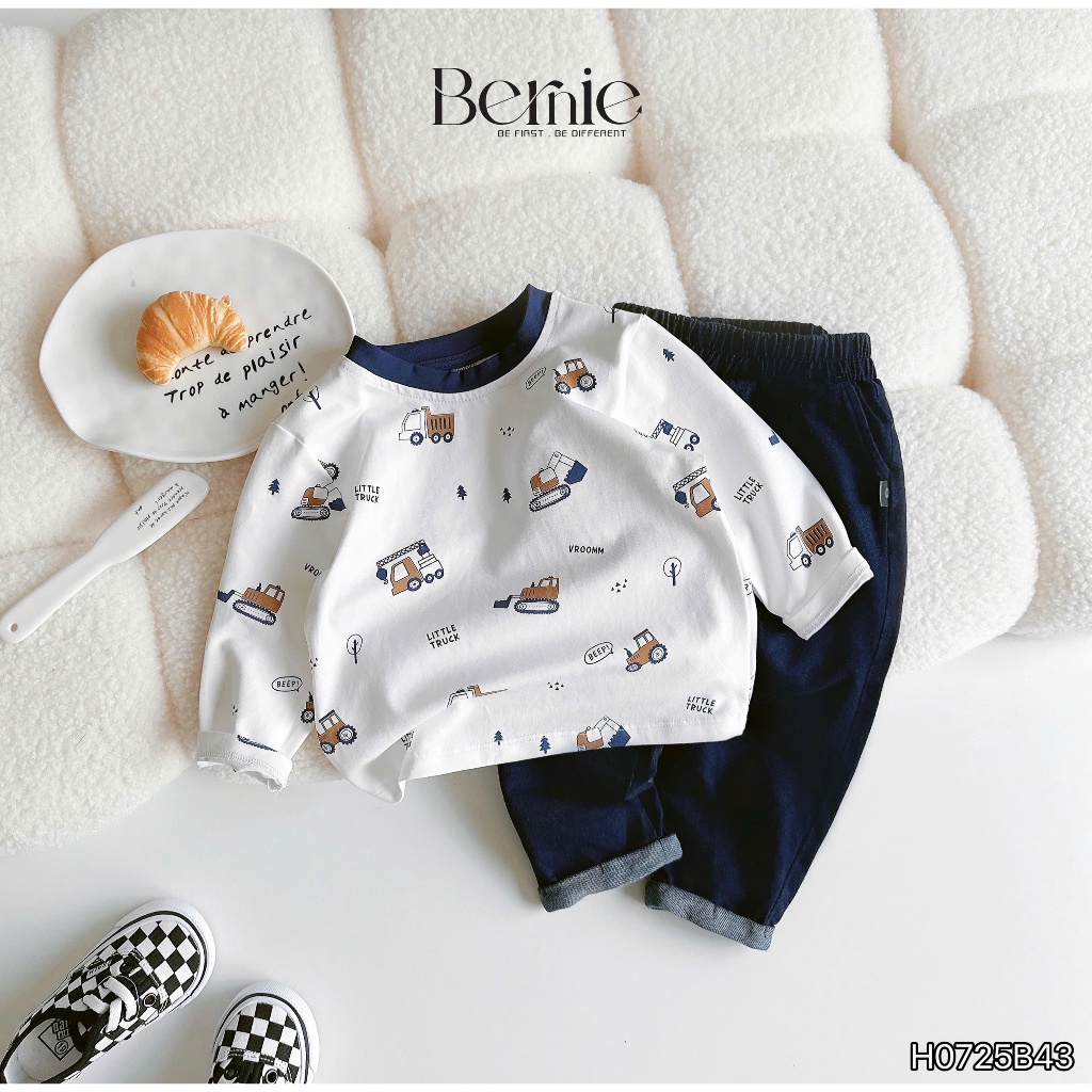Bộ cotton in xoả cần cẩu phối quần giả bò bé trai, set bộ thu đông mềm mát cho bé H0725b43