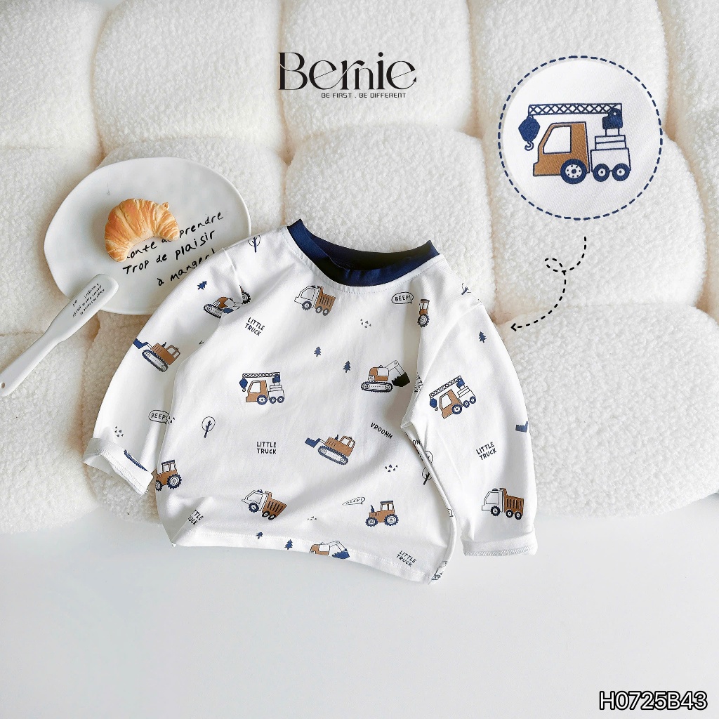 Bộ cotton in xoả cần cẩu phối quần giả bò bé trai, set bộ thu đông mềm mát cho bé H0725b43