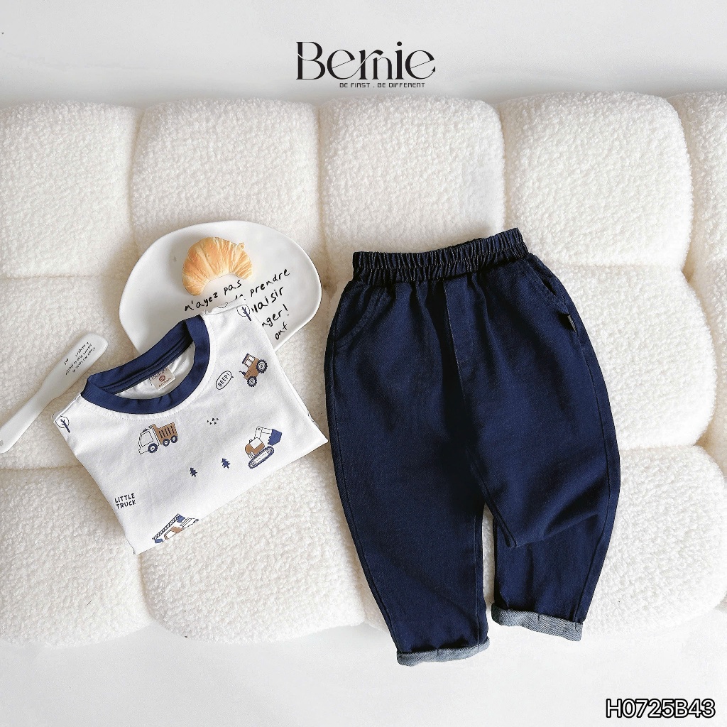 Bộ cotton in xoả cần cẩu phối quần giả bò bé trai, set bộ thu đông mềm mát cho bé H0725b43