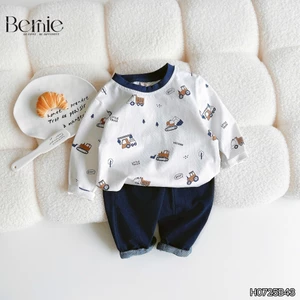 Bộ cotton in xoả cần cẩu phối quần giả bò bé trai, set bộ thu đông mềm mát cho bé H0725b43