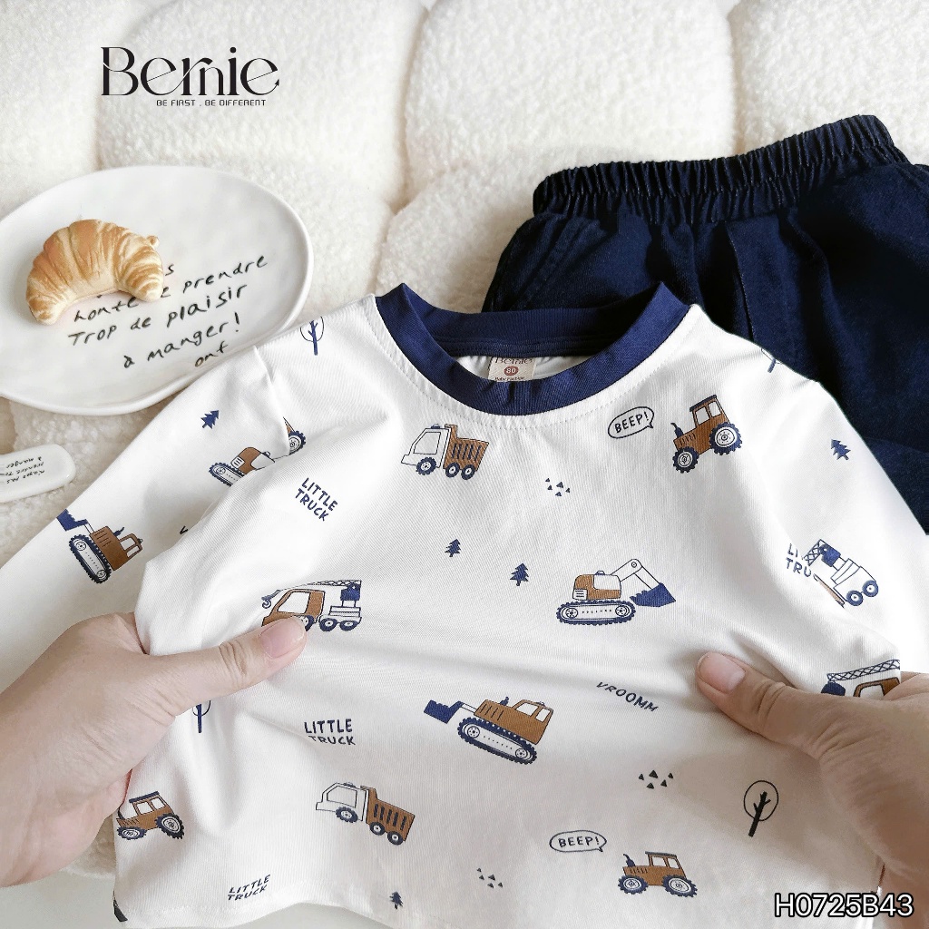Bộ cotton in xoả cần cẩu phối quần giả bò bé trai, set bộ thu đông mềm mát cho bé H0725b43