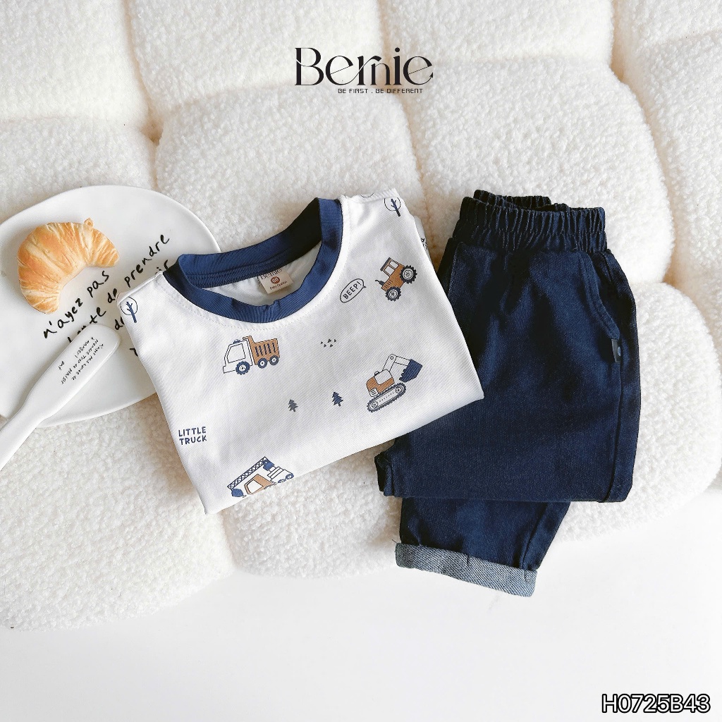 Bộ cotton in xoả cần cẩu phối quần giả bò bé trai, set bộ thu đông mềm mát cho bé H0725b43