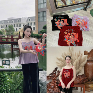 Áo nhung the hai dây thêu con cá đèn lồng