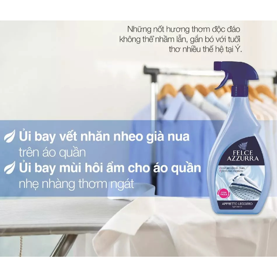 Bình xịt thơm vải khi ủi/ là quần áo, giúp mềm vải, giữ dáng Felce Azzurra - NK Ý
