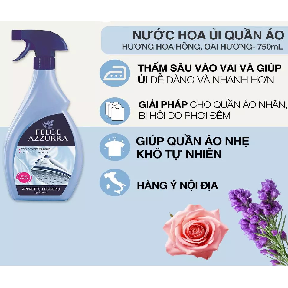 Bình xịt thơm vải khi ủi/ là quần áo, giúp mềm vải, giữ dáng Felce Azzurra - NK Ý