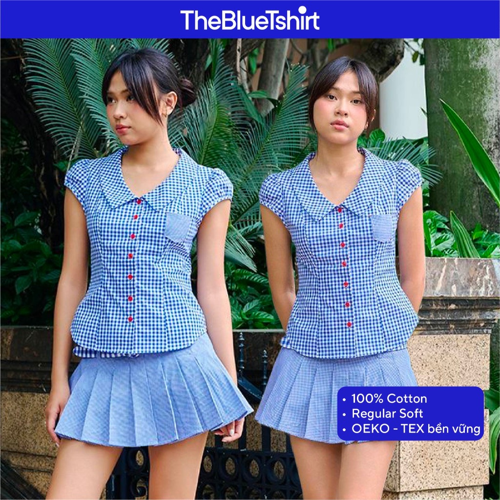 TheBlueTshirt - Áo kiểu sọc caro dáng ôm cổ lá sen tay ngắn nút đỏ nổi bật cho nữ - Ruby Top