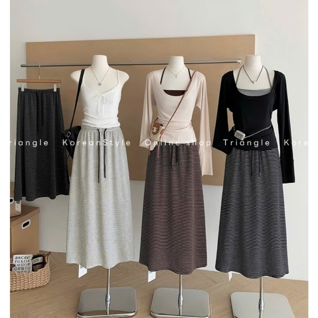 TRIANGLE - Lined Mix Set (Cân nhắc kỹ, return is not welcomed)- Set mix rời áo thun 2 mảnh+chân váy thun kẻ ngang phong