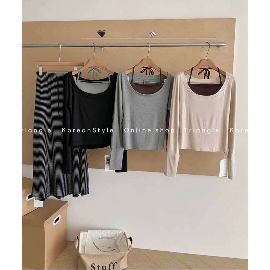 TRIANGLE - Lined Mix Set (Cân nhắc kỹ, return is not welcomed)- Set mix rời áo thun 2 mảnh+chân váy thun kẻ ngang phong