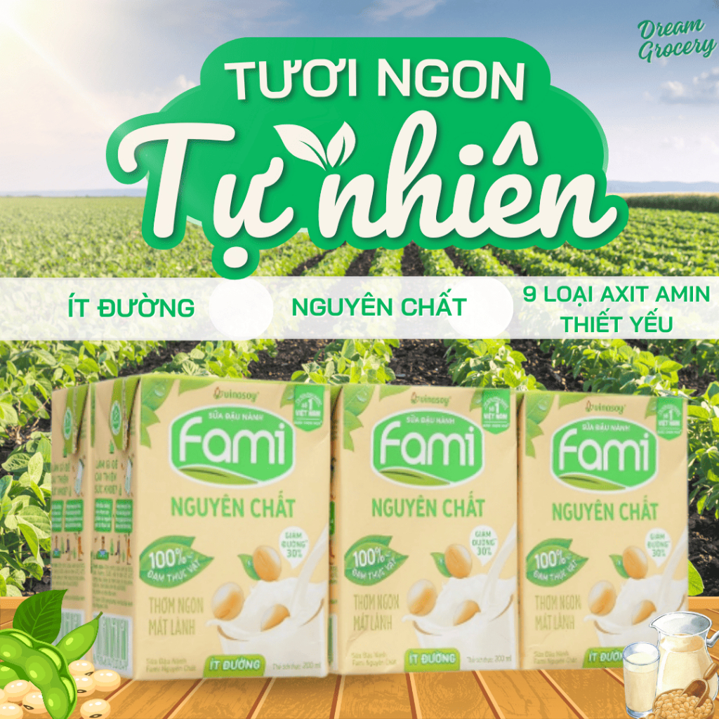 Sữa Đậu Nành Fami Nguyên chất/Can xi 200ml | Sữa Fami thùng 36 hộp | Sữa uống bổ sung canxi, thơm ngon