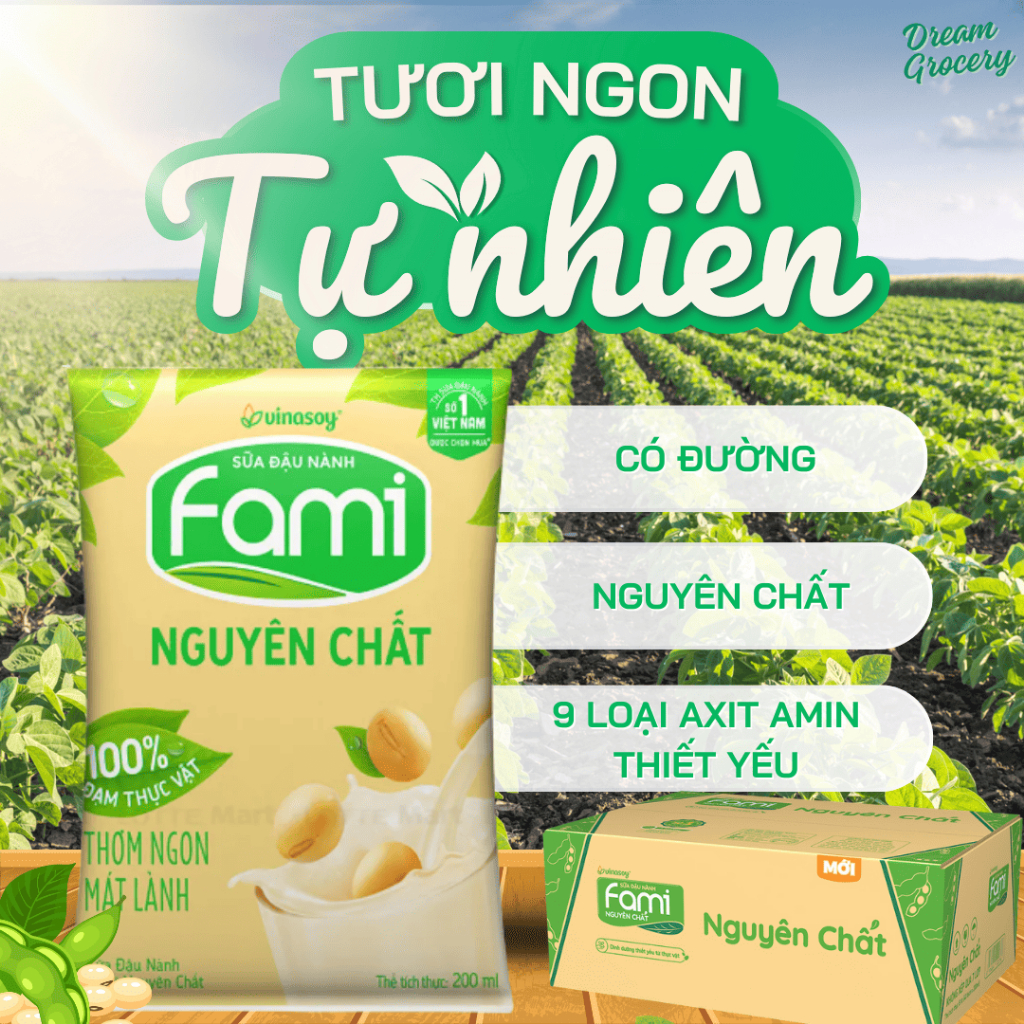 Sữa Đậu Nành Fami Nguyên chất/Can xi 200ml | Sữa Fami thùng 36 hộp | Sữa uống bổ sung canxi, thơm ngon