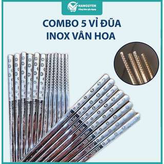 Combo 5 vỉ đũa inox SUS 304 vân hoa chống trơn trượt cao cấp phong cách Hàn Quốc