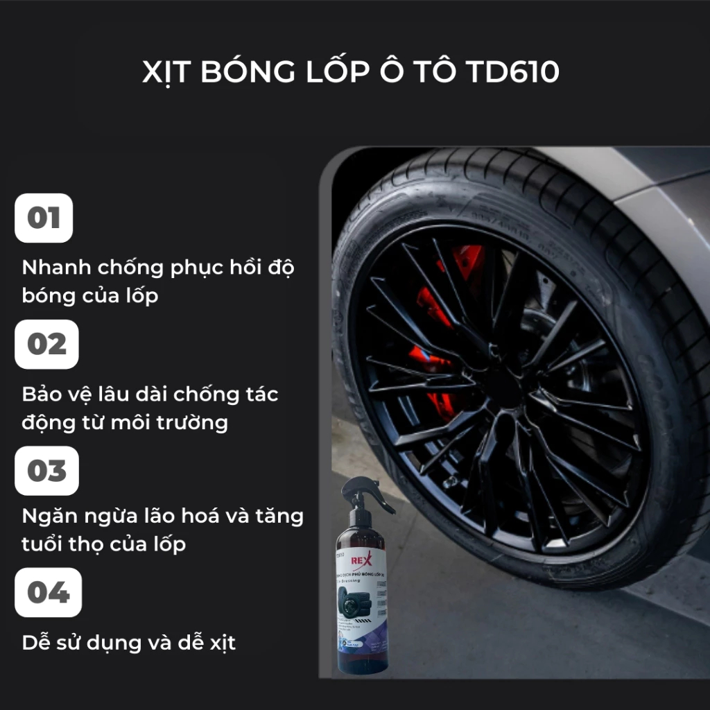 Chai xịt bảo dưỡng và phủ bóng lốp REX TD610 500ml  chống lão hoá và phục hồi màu đen lốp