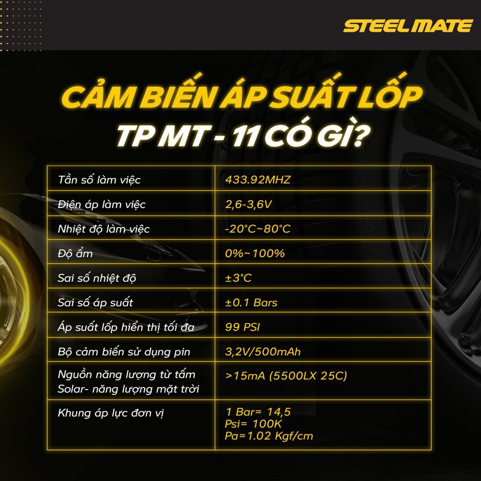 [TPMS] Cảm Biến Áp Suất Lốp STEELMATE TPMT11 Ô Tô Van Trong - Màn Hình Năng Lượng Mặt Trời, Cảnh Báo Âm Thanh