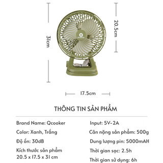 Quạt tích điện 2 cổng sạc, quạt mini để bàn pin 5000mah dùng liên tục đến 15h, quạt tích điện để bàn cỡ lớn xoay tự động