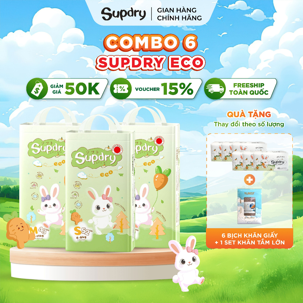 (CÓ QUÀ) COMBO 6 Tã/ Bỉm Quần Supdry, Bỉm Supdry Eco Êm Ái, Khô Thoáng, Thấm hút tốt Cho bé size M, L, XL, XXL, 3XL