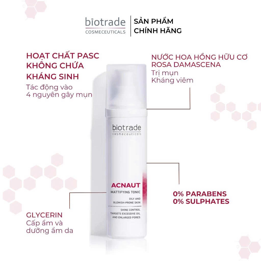 Nước hoa hồng BIOTRADE Acnaut Mattifying Tonic Toner giảm dầu ngừa mụn cân bằng vi sinh 60ml