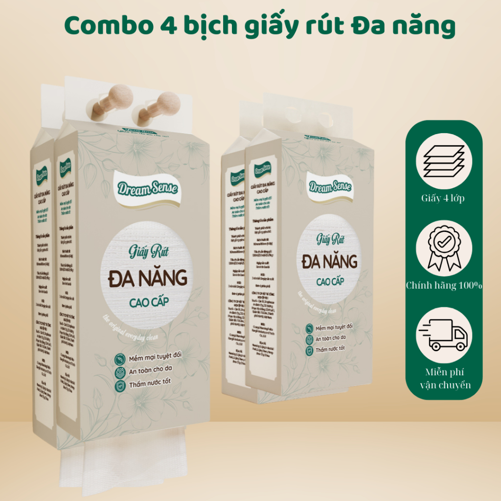 Giấy Rút Đa Năng DreamSense – Khăn Giấy Rút Cao Cấp| Mềm Mịn, An Toàn Cho Da, Thấm Hút Tốt | Combo 4 bịch 1280 tờ