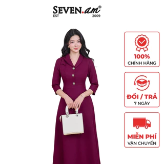 Đầm A công sở phối cúc hồng tím thời trang nữ Seven.AM H642015I