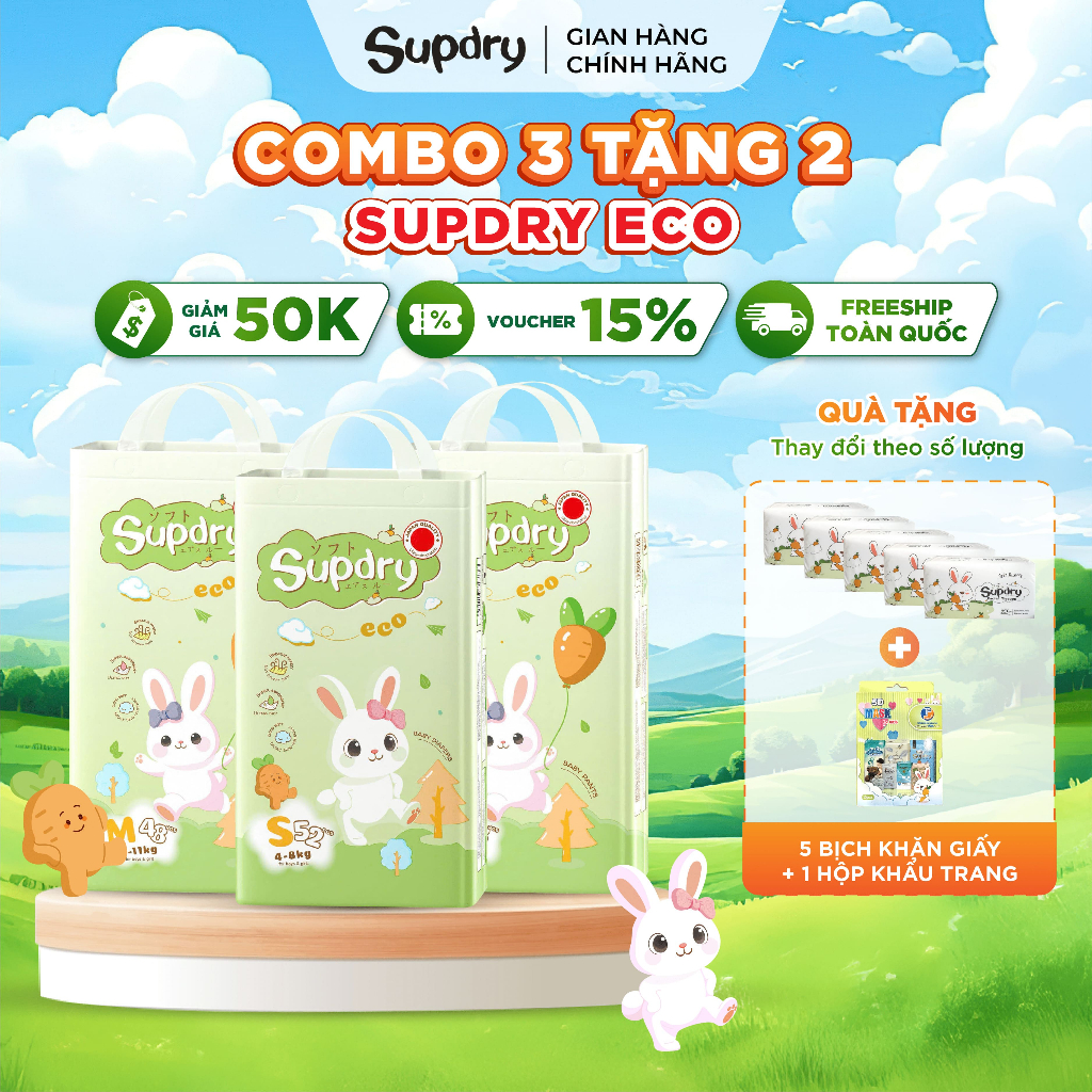 [COMBO 3 Tặng 2] Bịch Tã/ Bỉm Quần Supdry, Bỉm Supdry Eco Êm Ái, Khô Thoáng, Thấm hút tốt Cho bé M, L, XL, XXL, 3XL