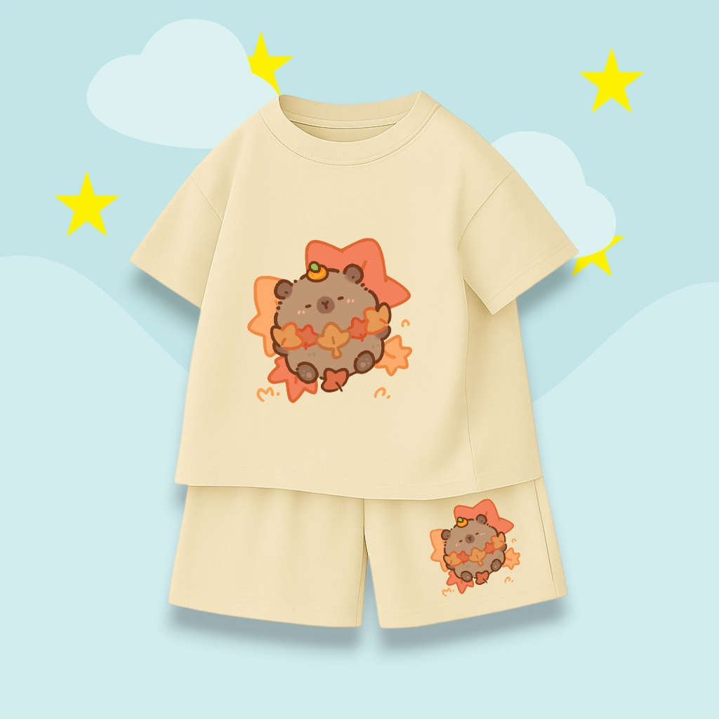 Bộ Bé Trai Bé Gái – Hình CapyBara Ngủ Trên Lá Màu Cam Dễ Thương, Vải Cotton Thun Thoáng Mát (M 288)