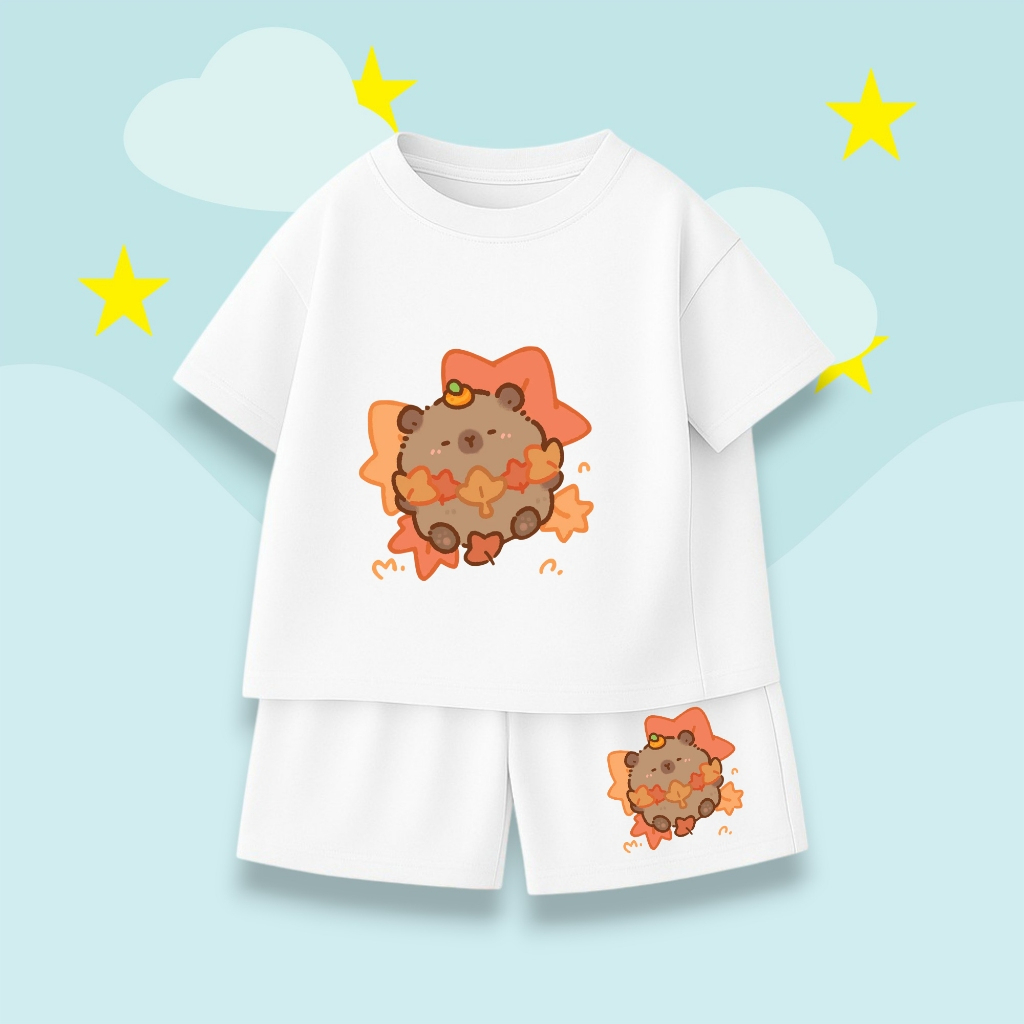 Bộ Bé Trai Bé Gái – Hình CapyBara Ngủ Trên Lá Màu Cam Dễ Thương, Vải Cotton Thun Thoáng Mát (M 288)