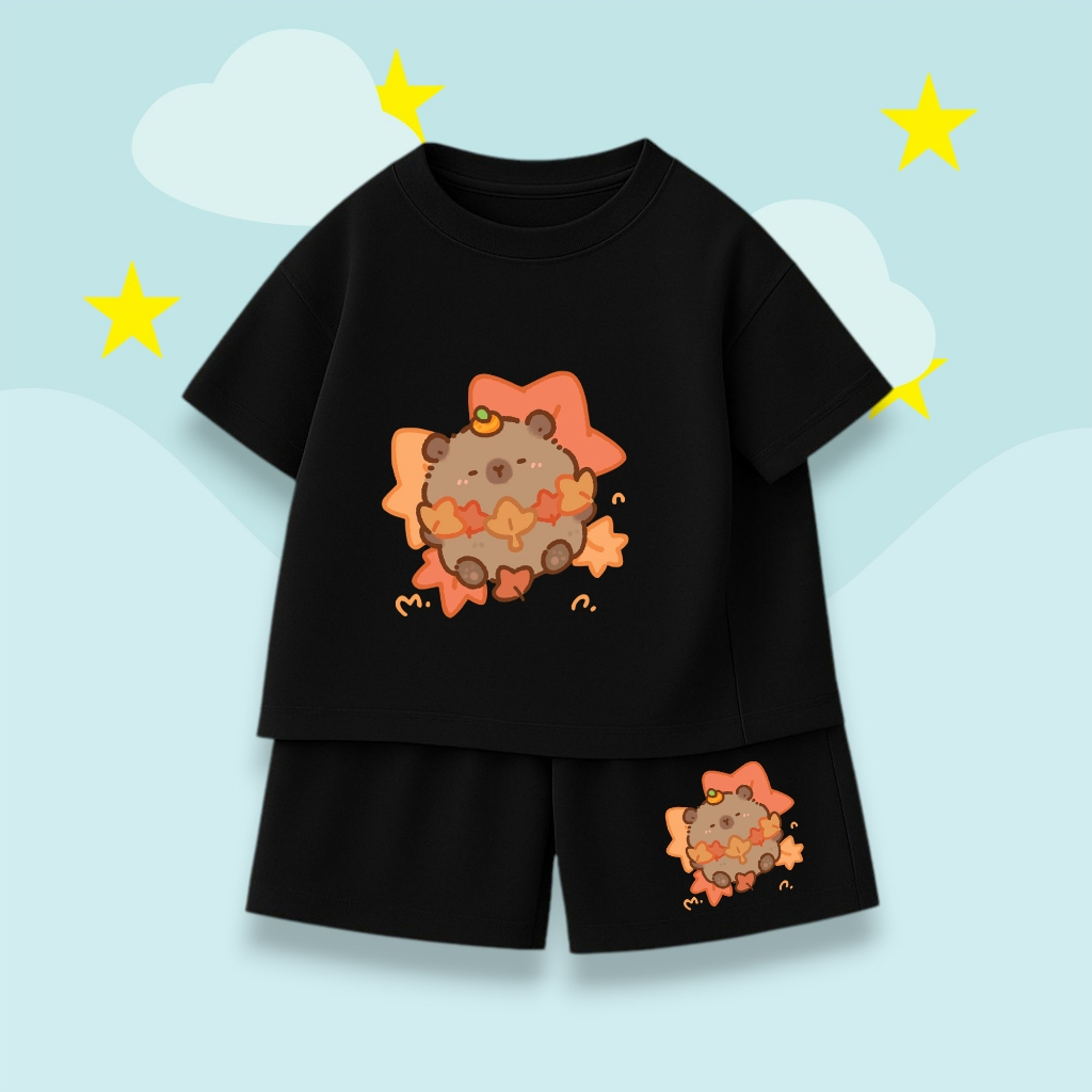 Bộ Bé Trai Bé Gái – Hình CapyBara Ngủ Trên Lá Màu Cam Dễ Thương, Vải Cotton Thun Thoáng Mát (M 288)