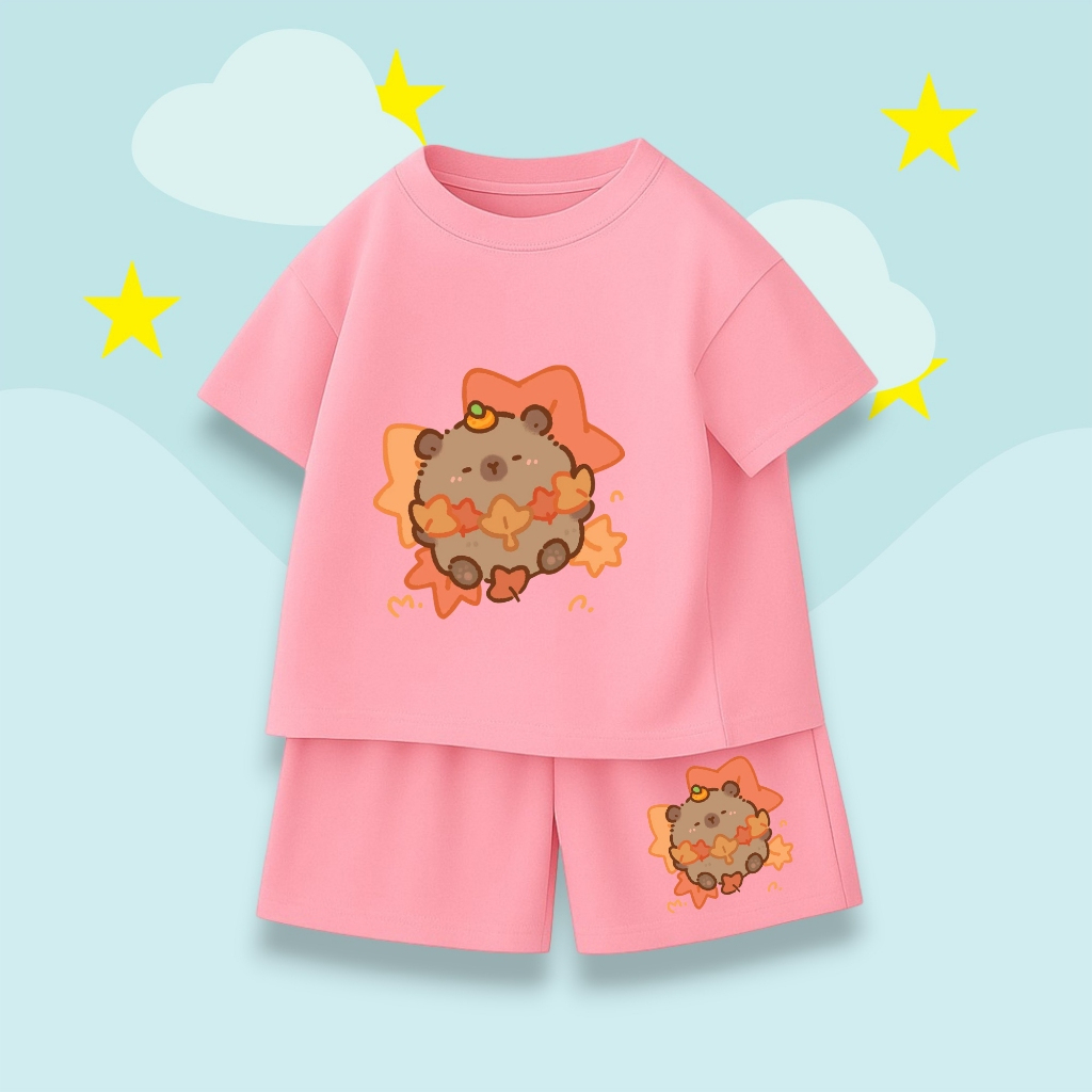 Bộ Bé Trai Bé Gái – Hình CapyBara Ngủ Trên Lá Màu Cam Dễ Thương, Vải Cotton Thun Thoáng Mát (M 288)