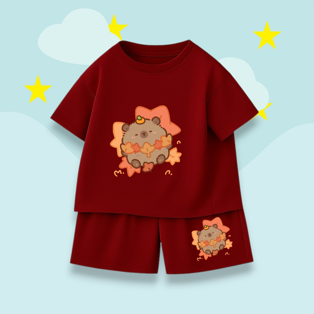 Bộ Bé Trai Bé Gái – Hình CapyBara Ngủ Trên Lá Màu Cam Dễ Thương, Vải Cotton Thun Thoáng Mát (M 288)