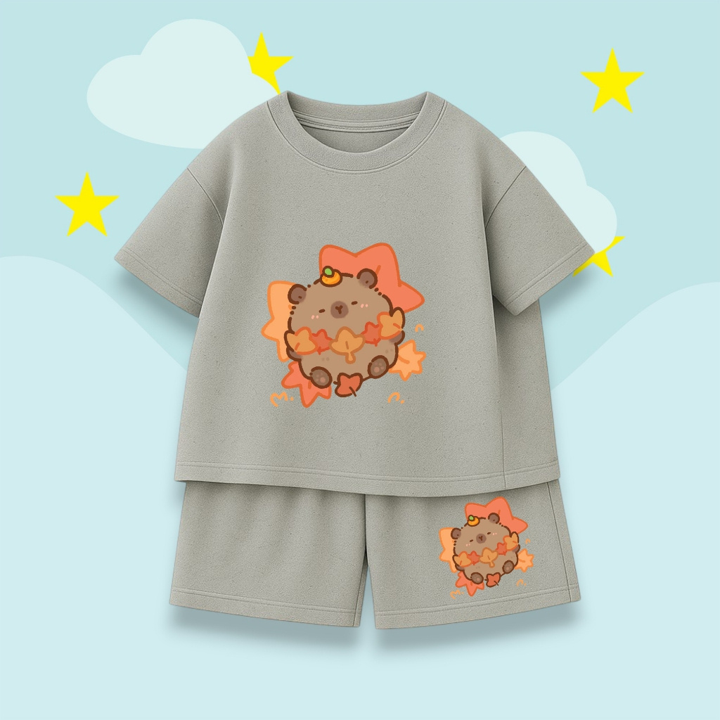 Bộ Bé Trai Bé Gái – Hình CapyBara Ngủ Trên Lá Màu Cam Dễ Thương, Vải Cotton Thun Thoáng Mát (M 288)