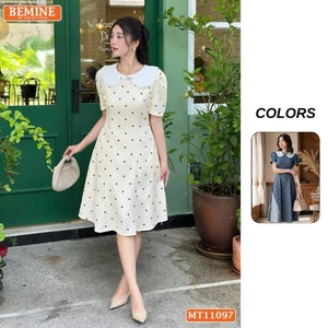 Đầm thiết kế BEMINE cổ sen viền ren họa tiết chấm bi dáng chữ A phù hợp đi làm-MT11097