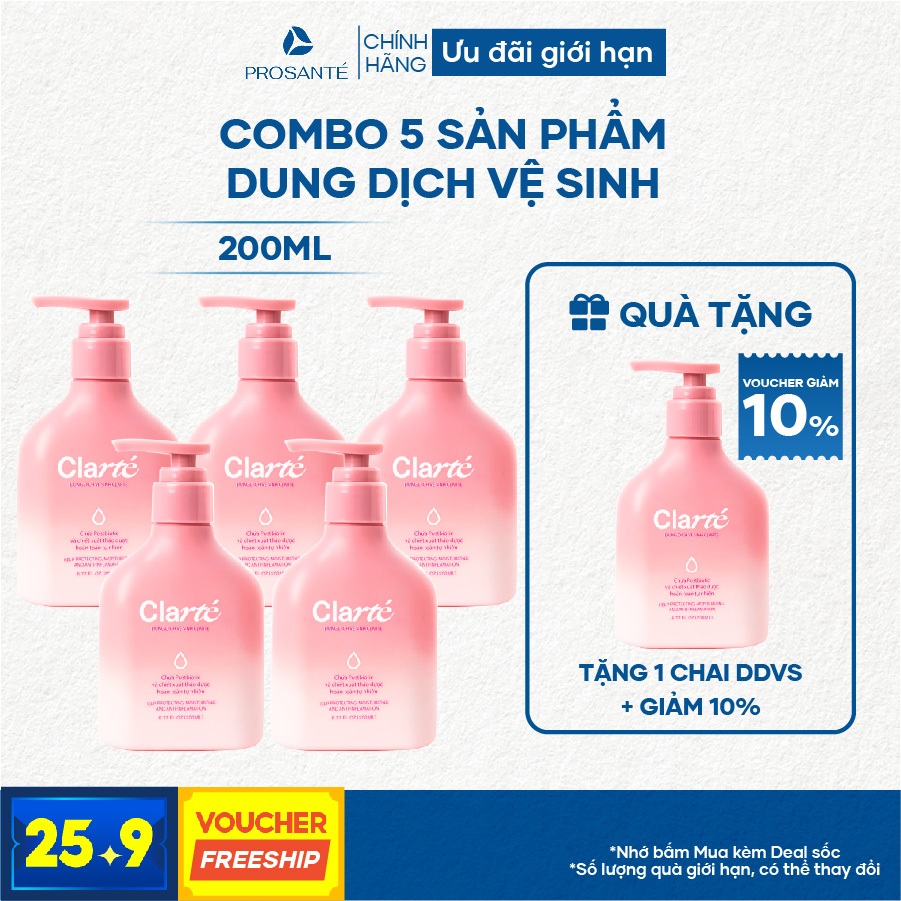 Combo 5 Dung Dịch Vệ Sinh Clarté Organic Có Postbiotic, Thảo Dược Thiên Nhiên Dưỡng Ẩm, Cân Bằng pH