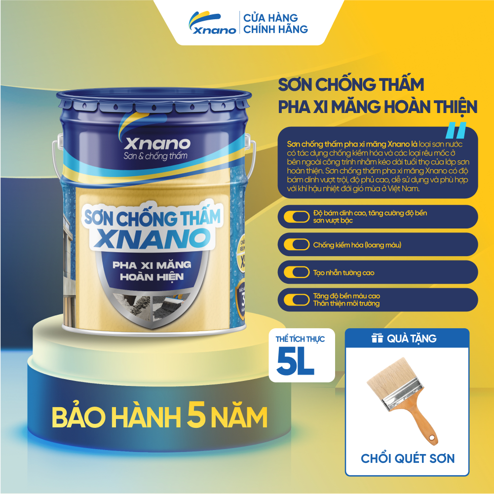 Sơn Chống Thấm Pha Xi Măng Hoàn Thiện XNANO 5L – Độ Bám Dính Vượt Trội, Chống Thấm Tối Ưu | Thi Công Dễ Dàng | Tặng Chổi