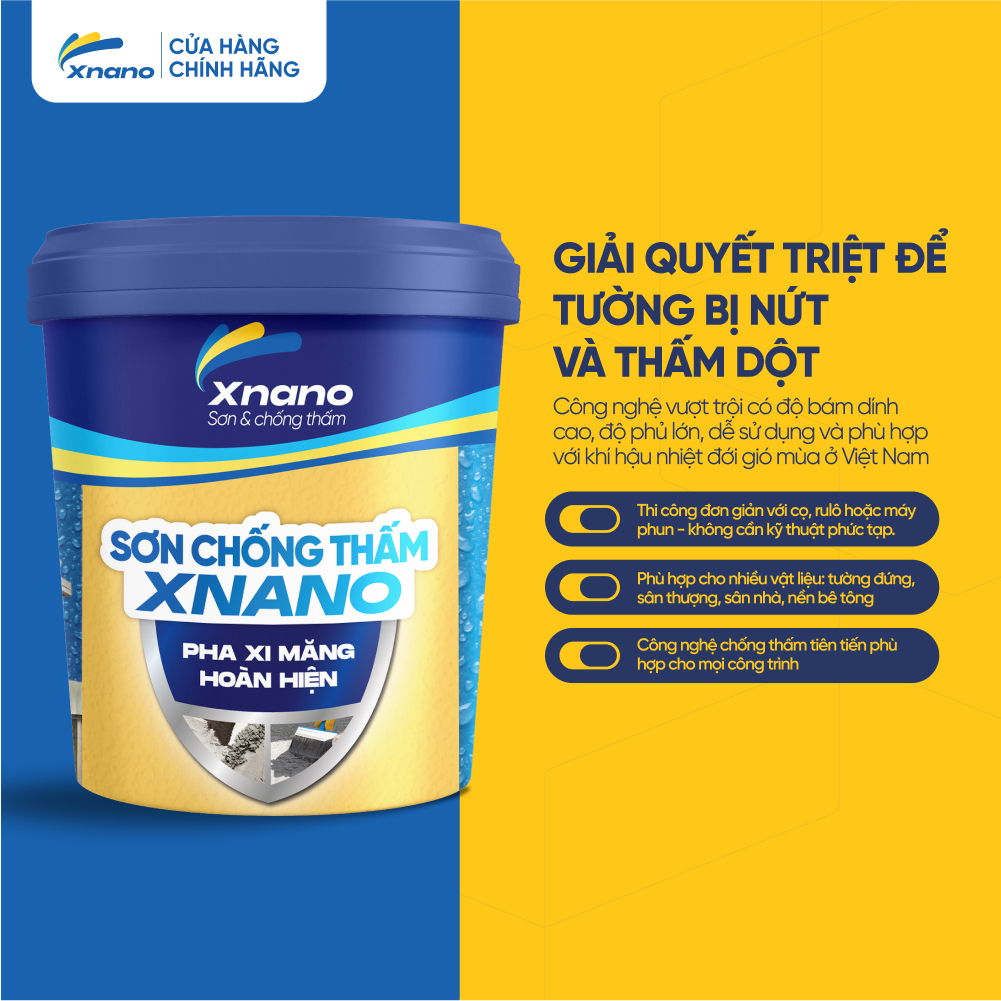 Sơn Chống Thấm Pha Xi Măng Hoàn Thiện XNANO 5L – Độ Bám Dính Vượt Trội, Chống Thấm Tối Ưu | Thi Công Dễ Dàng | Tặng Chổi
