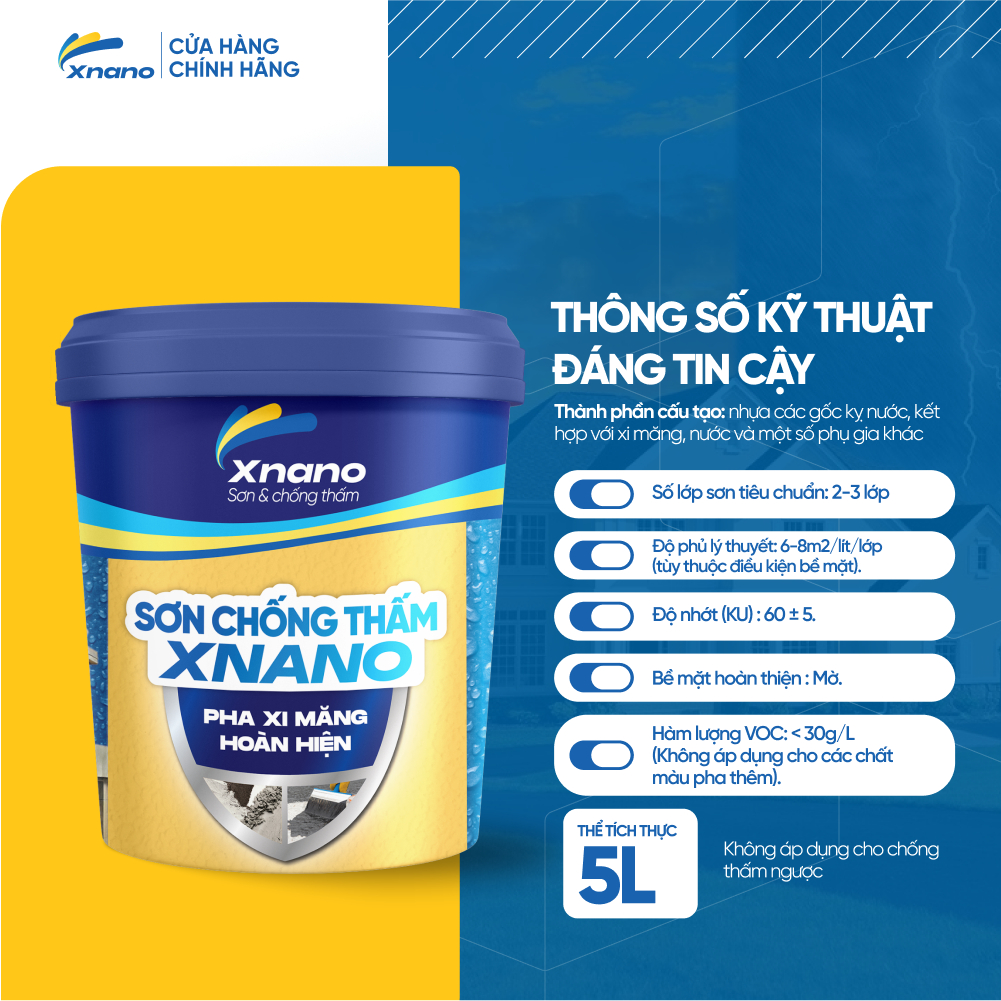 Sơn Chống Thấm Pha Xi Măng Hoàn Thiện XNANO 5L – Độ Bám Dính Vượt Trội, Chống Thấm Tối Ưu | Thi Công Dễ Dàng | Tặng Chổi