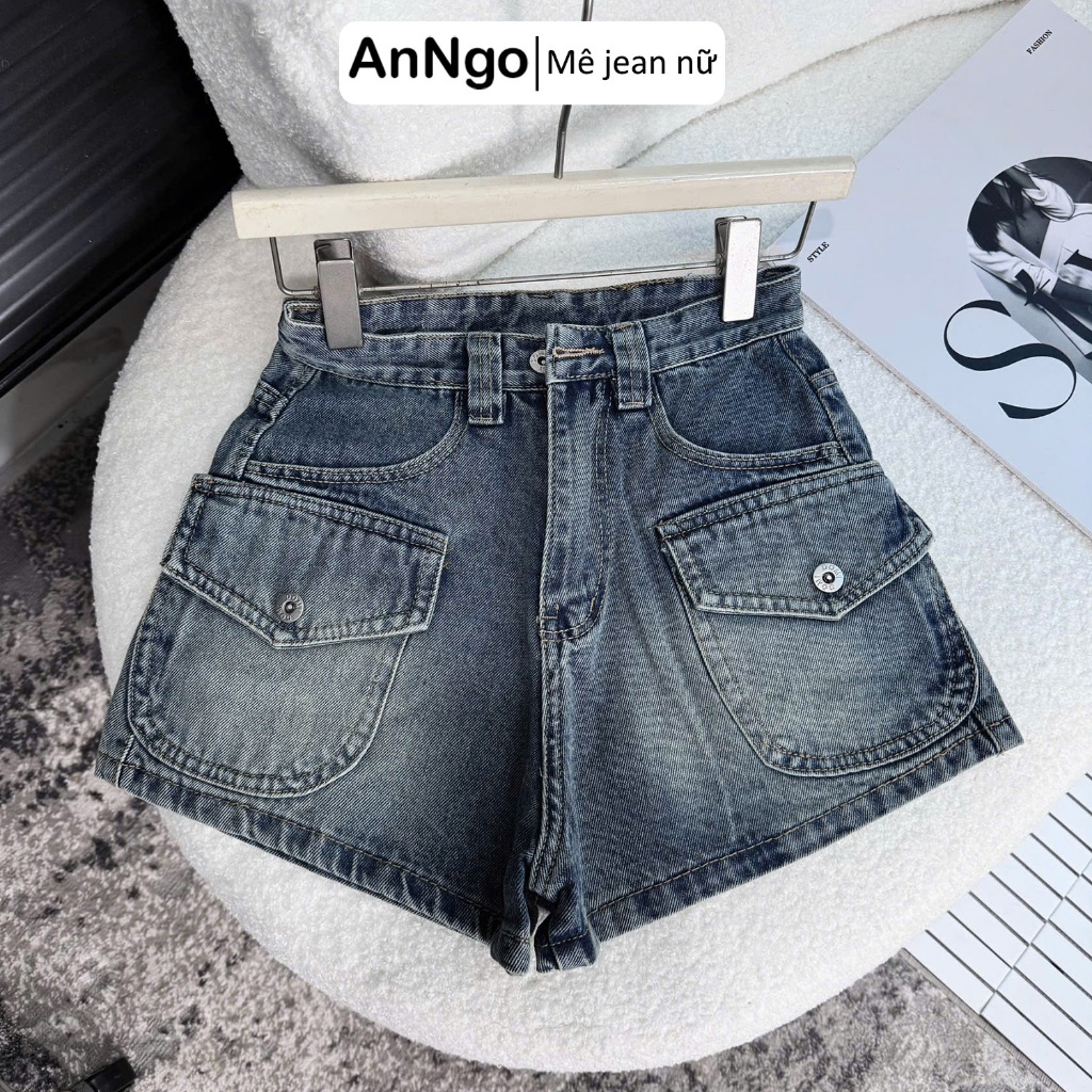 Quần short jean nữ lưng cao không giãn túi hộp cá tính Anngo -  AT548