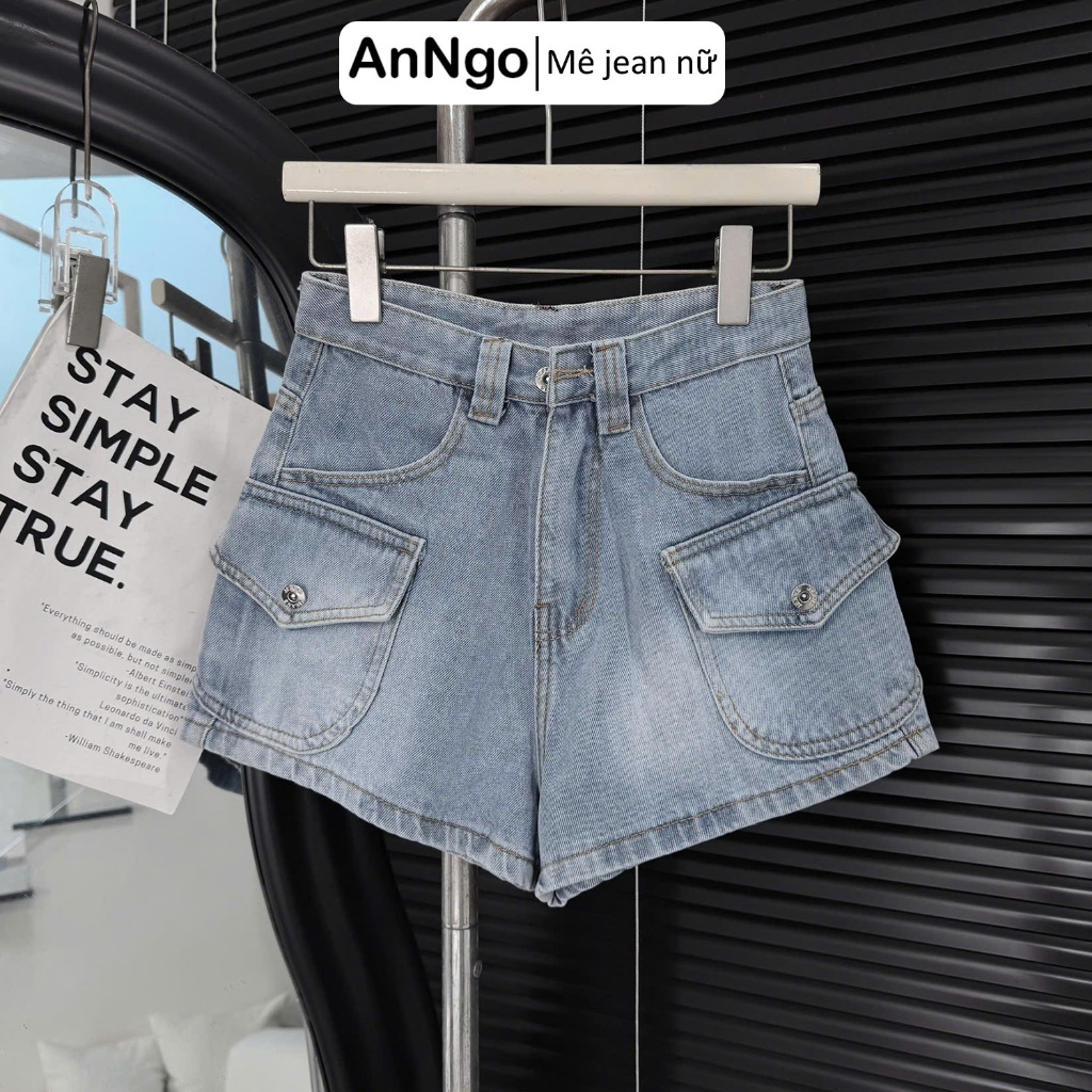 Quần short jean nữ lưng cao không giãn túi hộp cá tính Anngo -  AT548