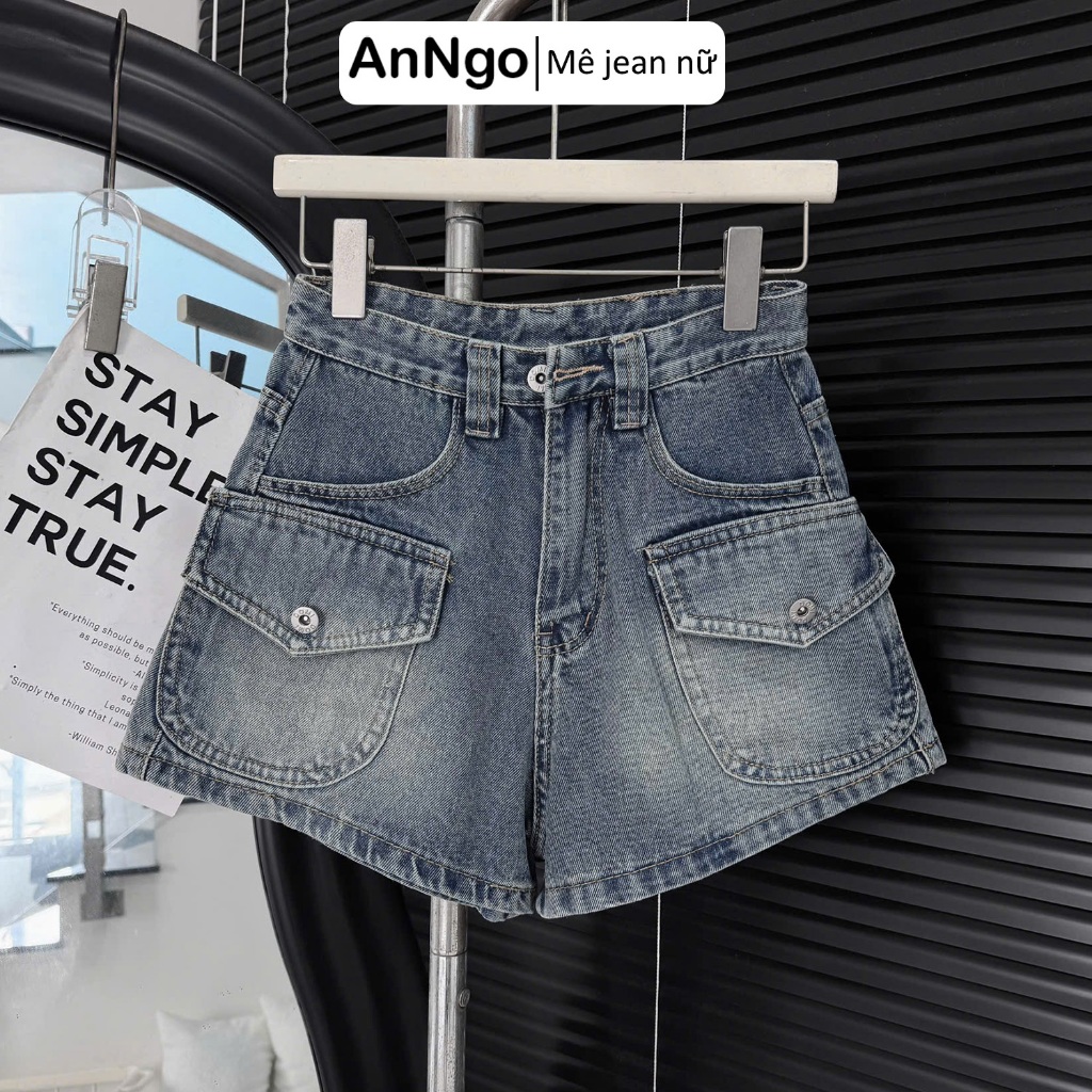 Quần short jean nữ lưng cao không giãn túi hộp cá tính Anngo -  AT548