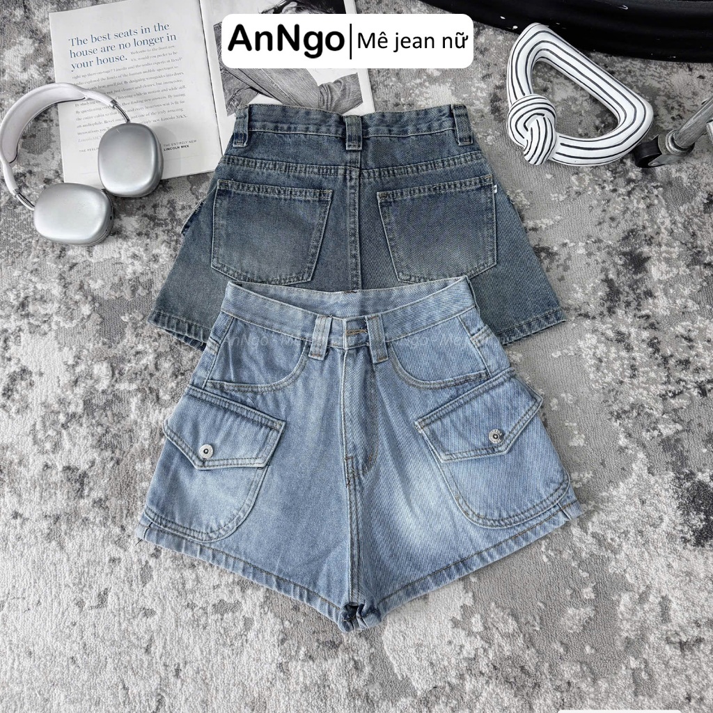 Quần short jean nữ lưng cao không giãn túi hộp cá tính Anngo -  AT548