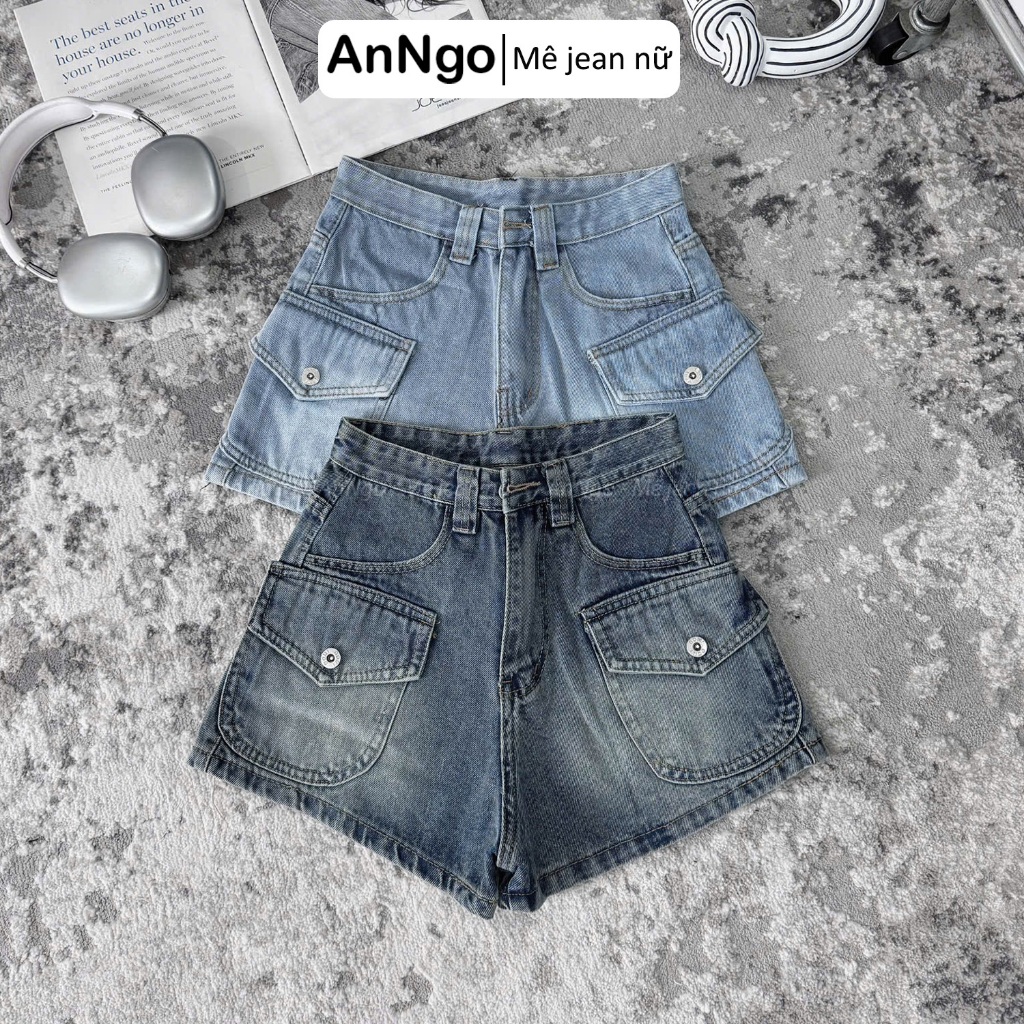 Quần short jean nữ lưng cao không giãn túi hộp cá tính Anngo -  AT548