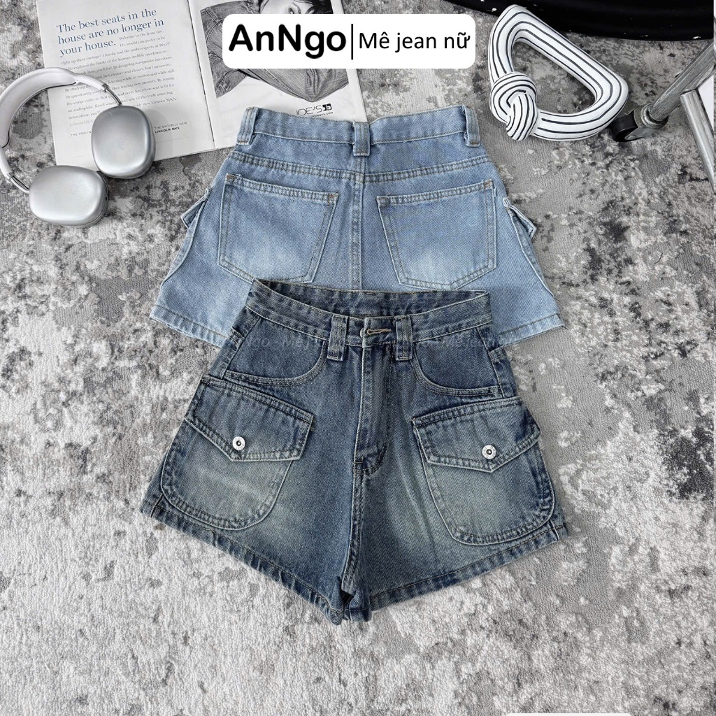 Quần short jean nữ lưng cao không giãn túi hộp cá tính Anngo -  AT548